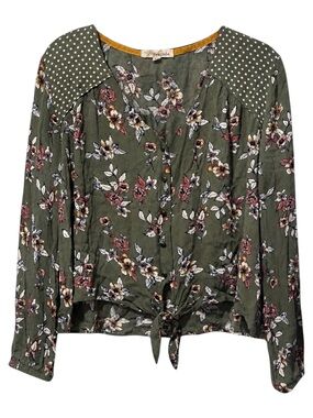 Rewind Floral Tie Front Blouse XL Olive Green Long Sleeve